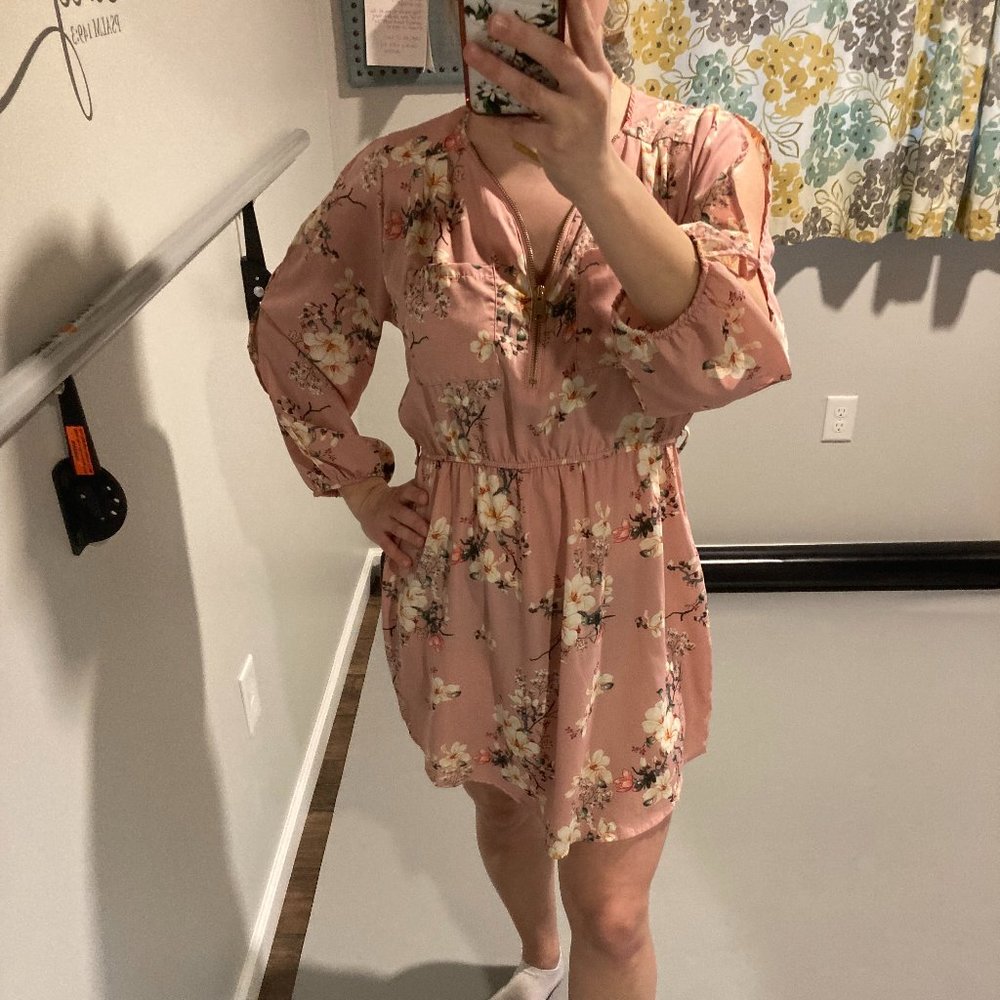 Pink Floral Shirt Dress, Split-Open Sleeves